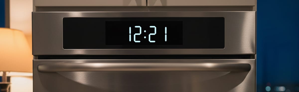 An oven clock reading 12:21 in a kitchen at night.