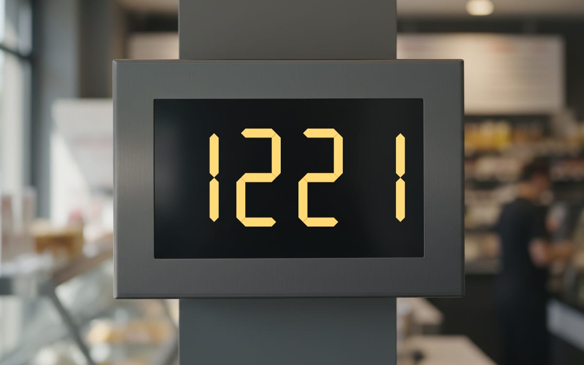 A shop counter display reading 1221 above a deli case.