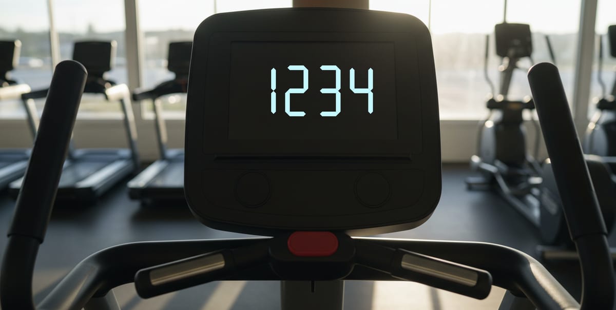 The step counter of a stair climber in a gym reading 1234.