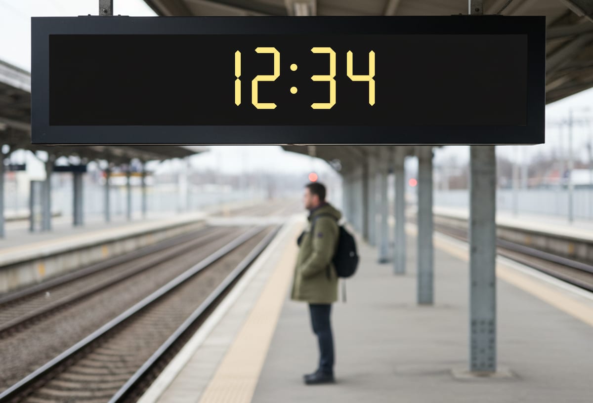 A commuter rail platform clock reading 12:34 above the tracks.