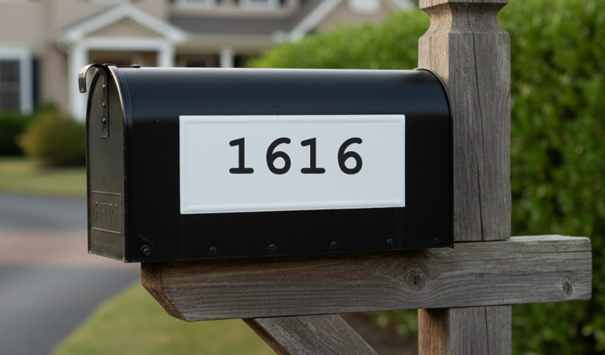 A residential mailbox with the house number 1616 beside a driveway.