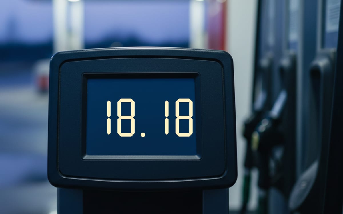 A fuel pump display reading 18.18 at a filling station at dusk.