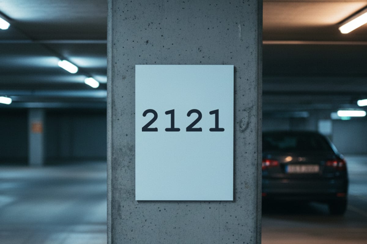 A parking bay sign reading 2121 on a concrete pillar in a garage.