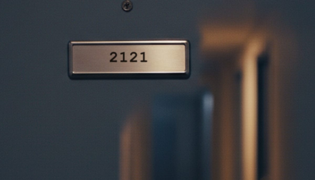 A brushed metal apartment door plate engraved 2121, in a dim corridor.