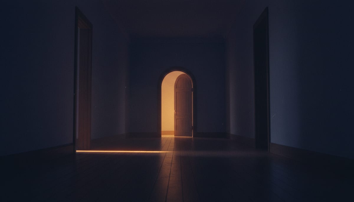 A lit doorway at the end of a dark hallway, the 909 angel number as a transition between two endings.