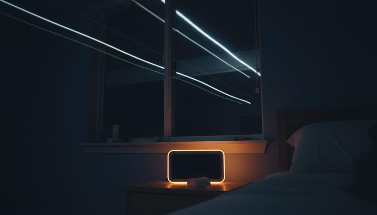 A dark bedroom at night with a glowing bedside clock and a receipt on the nightstand, the everyday places angel numbers turn up.