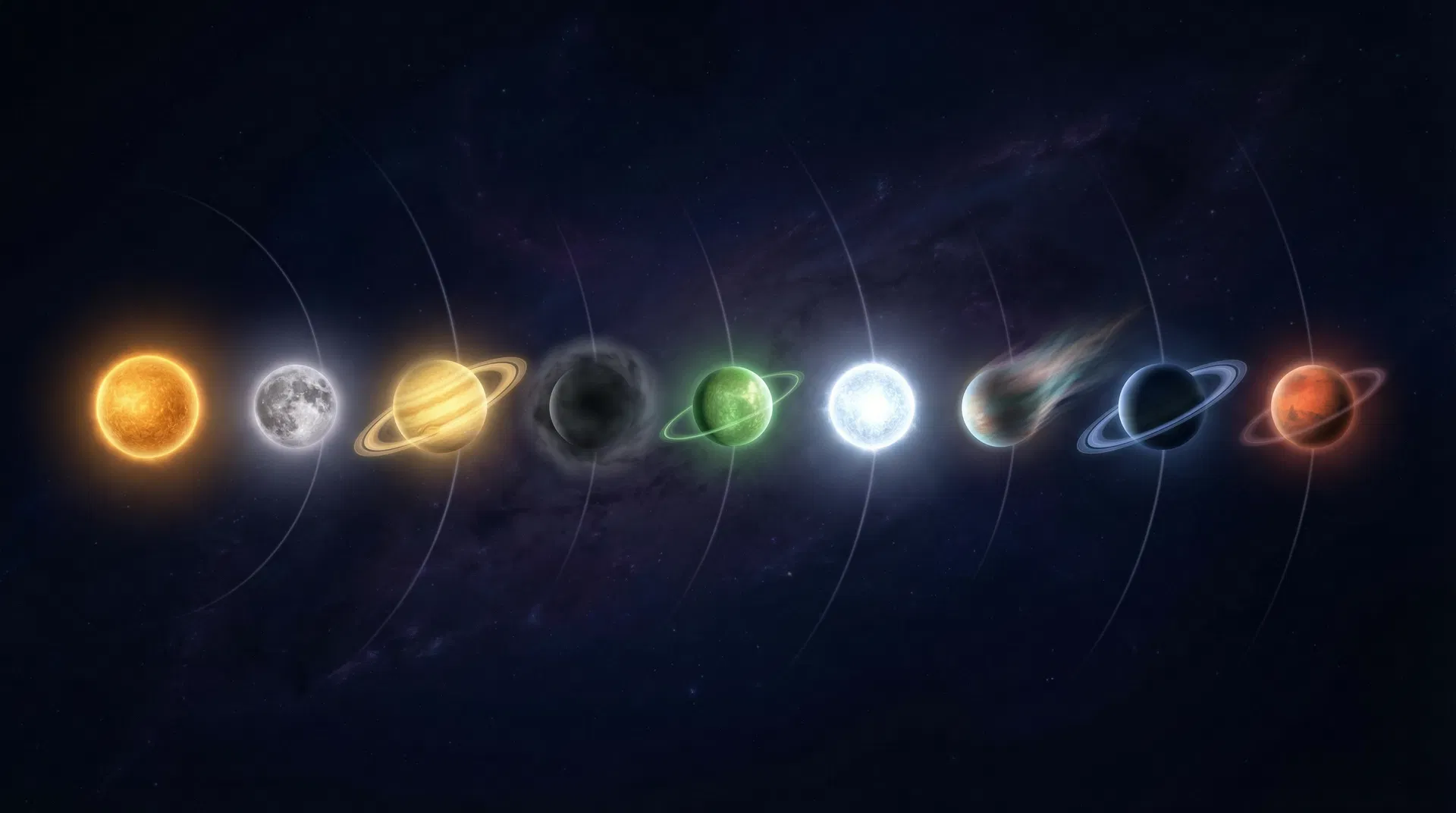 The Nine Navagraha Planets — Sun, Moon, Jupiter, Rahu, Mercury, Venus, Ketu, Saturn, Mars